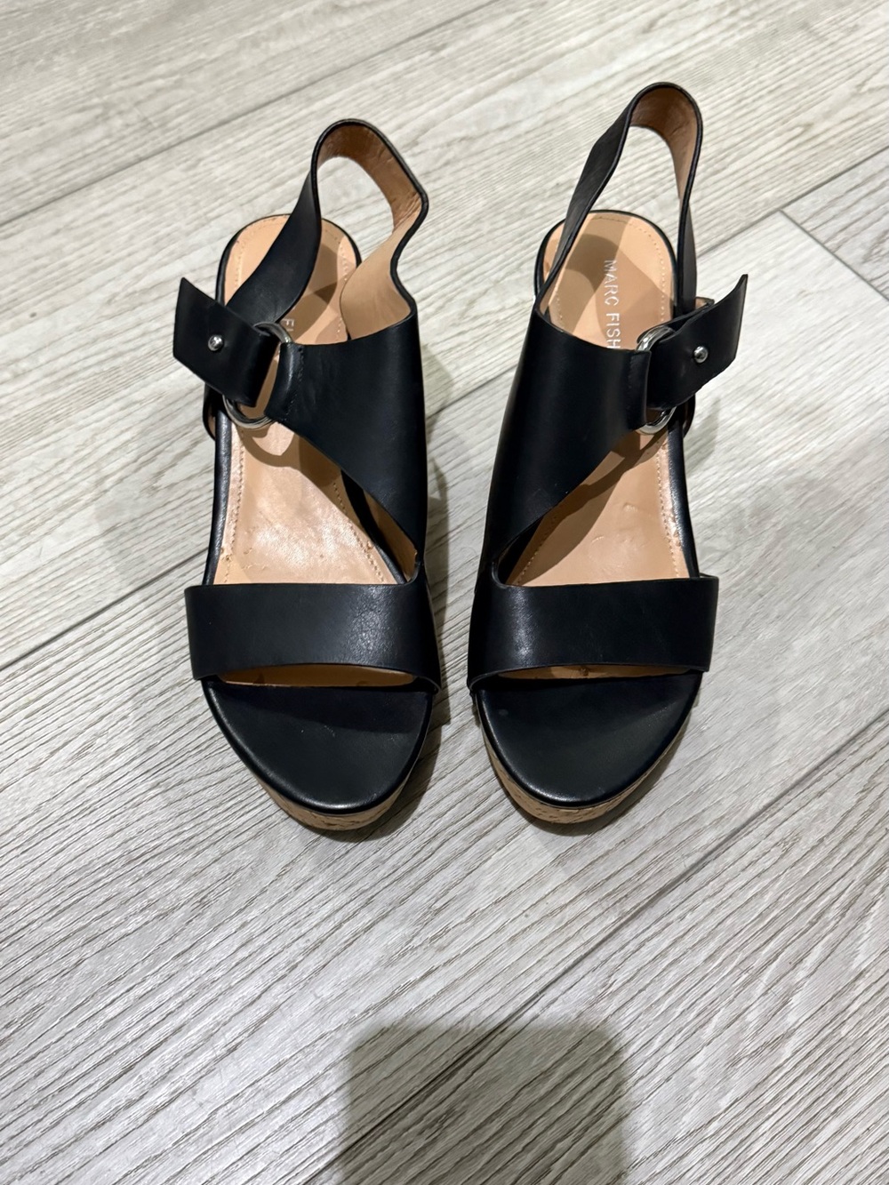 Marc Fisher Black Leather Wedge Slingback Sandals